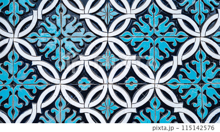 tile mosaic with traditional oriental Arabic Uzbek pattern decorated with blue and white floral ornament tile mosaic with traditional oriental Arabic Uzbek pattern decorated with blue and white floral ornament 115142576