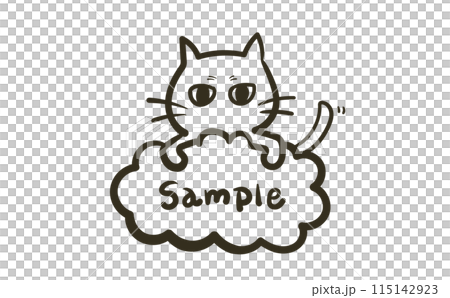 Line drawing of a cat with slanted eyes riding on a cloud 115142923