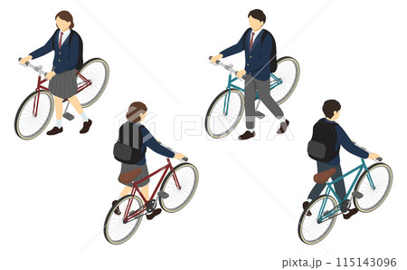 アイソメトリックイラスト：自転車を押す男女の高校生 115143096