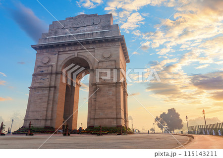 India Gate at sunrise side view, Rajpath, New Dehli, India 115143211
