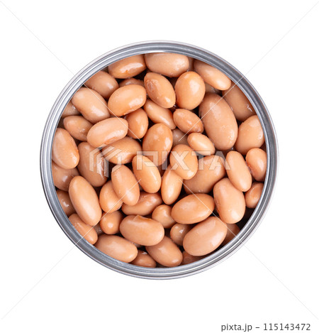 Borlotti beans in opened can. Cooked and canned cranberry beans, a hazelnut-colored variety of the common bean, Phaseolus vulgaris. Vegetarian staple food. Isolated, from above close-up food photo. 115143472
