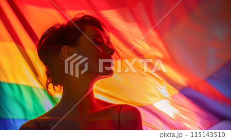 Lady with rainbow color flag, symbol of LGBT pride month celebrate annual in June social of gay, lesbian, bisexual, transgender, human rights. 115143510