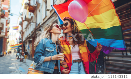 Lady holding rainbow color flag, symbol of LGBT pride month celebrate annual in June social of gay, lesbian, bisexual, transgender, human rights. 115143511