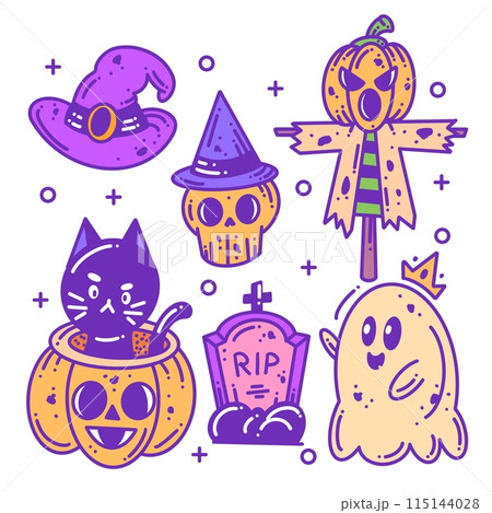 Hand drawn happy Halloween elements icon collection full color 115144028