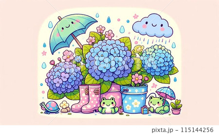 保育園で使えそうなアジサイの絵です。笑顔の雲や傘を持った可愛らしいカエル、色とりどりのレインブーツな 保育園で使えそうなアジサイの絵です。笑顔の雲や傘を持った可愛らしいカエル、色とりどりのレインブーツな 115144256