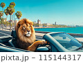 A majestic lion driving a convertible car along a scenic coastal road with palm trees and city buildings in the background. 115144317