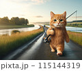 Cartoon kitten walking on a road by a river, carrying a fishing rod, with a scenic landscape of trees, grass, and distant hills. 115144319