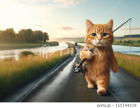 Cartoon kitten walking on a road by a river, carrying a fishing rod, with a scenic landscape of trees, grass, and distant hills. 115144319