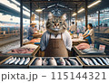 Cartoon cat selling fresh fish at a lively market stall, surrounded by other vendors and shoppers in a bustling market scene. 115144321