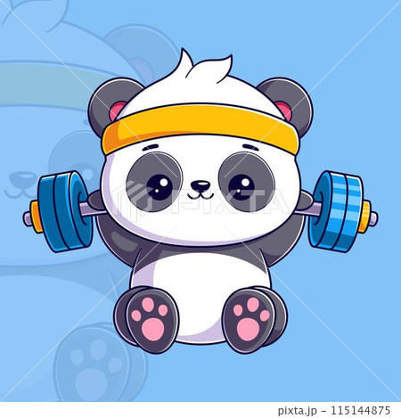 Cute panda sitting wearing a headband and lifting weights 115144875