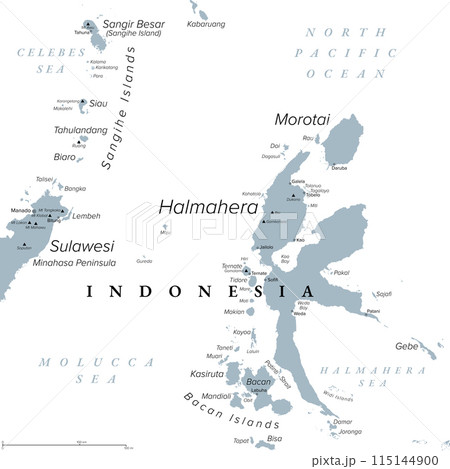 Halmahera, island in Indonesia, gray political map. Largest island of the Moluccas, or Maluku Islands, and part of the North Maluku province. With Morotai, Bacan Islands and a part of North Sulawesi. Halmahera, island in Indonesia, gray political map. Largest island of the Moluccas, or Maluku Islands, and part of the North Maluku province. With Morotai, Bacan Islands and a part of North Sulawesi. 115144900