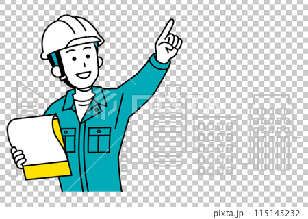 ビル群を背景に図面を見ながら遠くを指差す作業員の男性 115145232