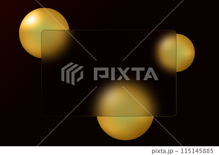 Banner made of transparent frosted glass with gold spheres on a black background. 115145885