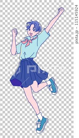 Anime-style female student jumping with joy 115145924