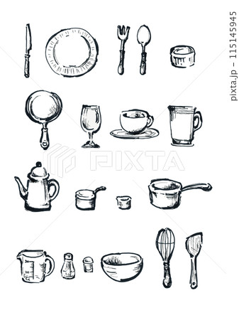 食器、キッチン用品、調理器具手書きイラスト　モノクロ 115145945
