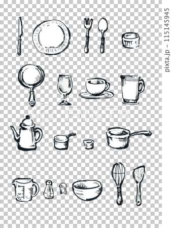 Tableware, kitchen supplies, cooking utensils hand-drawn illustrations in monochrome Tableware, kitchen supplies, cooking utensils hand-drawn illustrations in monochrome 115145945