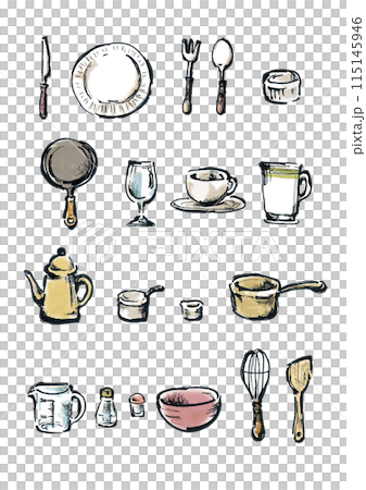 Tableware, kitchen utensils, and cooking utensils hand-drawn illustrations 115145946