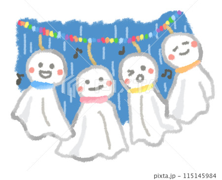 雨の中で歌を歌う可愛いテルテル坊主達 115145984