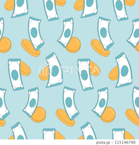 Cash money seamless pattern. Coins and notes repeat background. Vector outline illustration. 115146790
