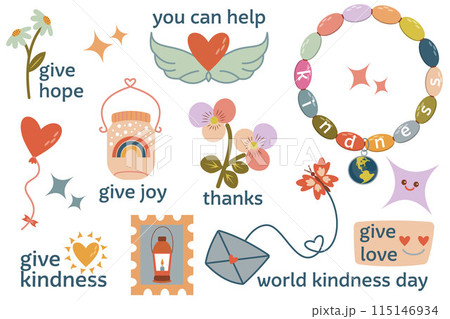 A cute sticker set with kindness thanks and love. Concept of kindness, love, thanks, hope and joy. Includes phrases and illustrations. 115146934
