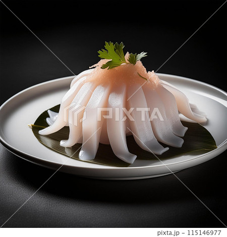 squid sashimi, raw squid, sliced squid, fresh squid, squid salad, squid ceviche, marinated squid, spicy squid salad, Korean-style squid sashimi, Japanese-style squid sashimi, squid ink sauce, grilled  115146977