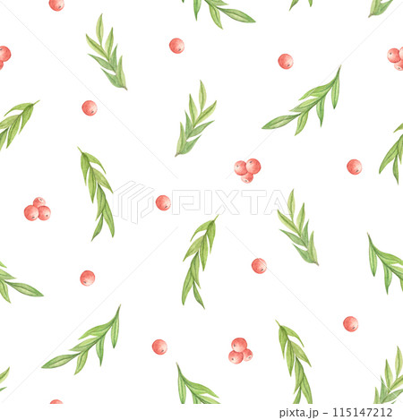 Seamless pattern of watercolor berries and leaves on a white background, festive pattern Seamless pattern of watercolor berries and leaves on a white background, festive pattern 115147212