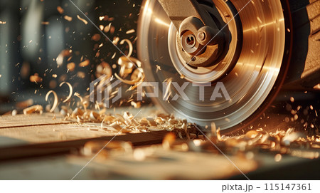 Circular saw cutting a wooden board. 115147361