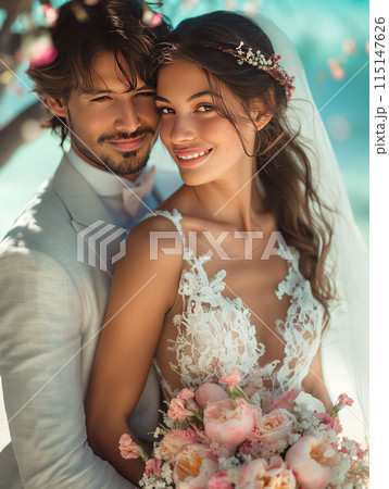 Beautiful bride and groom on the beach Beautiful bride and groom on the beach 115147626