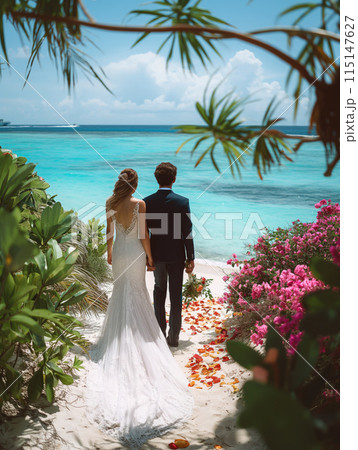 Wedding couple on a tropical beach Wedding couple on a tropical beach 115147627