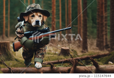 Cartoon puppy in camouflage gear holding a rifle, walking through a dense forest with a backdrop of tall trees and moss-covered ground, adding to the adventurous scene. 115147644