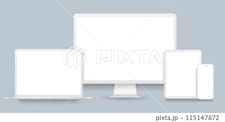 Realistic clean white devices mockup set with blank screen. Tablet PC, desktop computer, laptop and smart phone 115147872