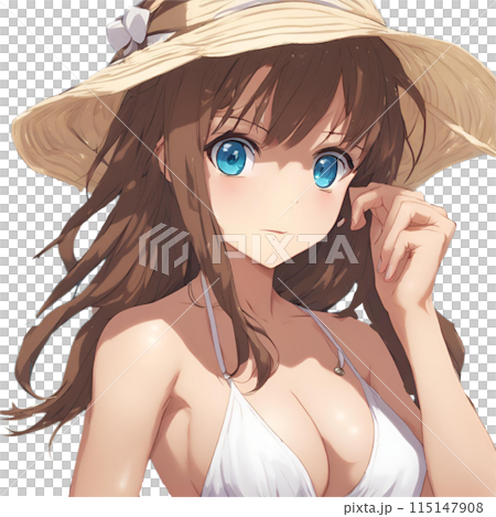 Beautiful brown-haired woman with blue eyes and a straw hat wearing a white bikini 115147908