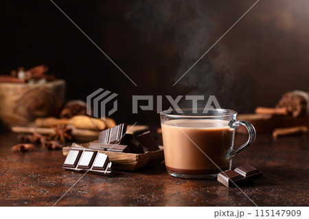 Glass of cocoa drink and pieces of dark chocolate on a brown vintage table. 115147909