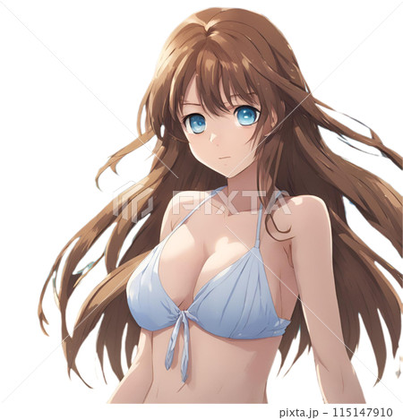 正面を向く白いビキニを着た青い目をした茶髪の美女のイラスト素材