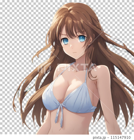 正面を向く白いビキニを着た青い目をした茶髪の美女のイラスト素材