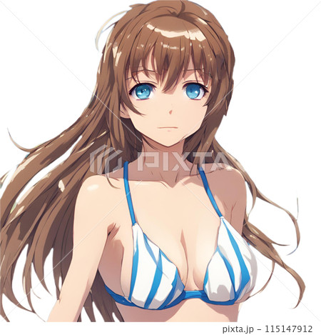 正面を向くストライプのビキニを着た青い目をした茶髪の美女のイラスト