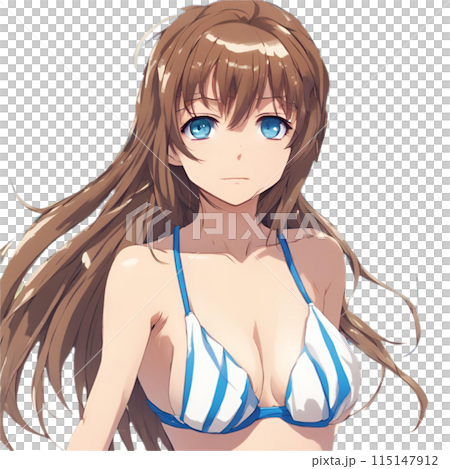 Beautiful brown-haired woman with blue eyes wearing a striped bikini facing forward 115147912