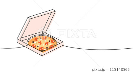 Pizza with ingredients in a box one line colored continuous drawing. Traditional italian fast food continuous one line illustration. Pizza with ingredients in a box one line colored continuous drawing. Traditional italian fast food continuous one line illustration. 115148563