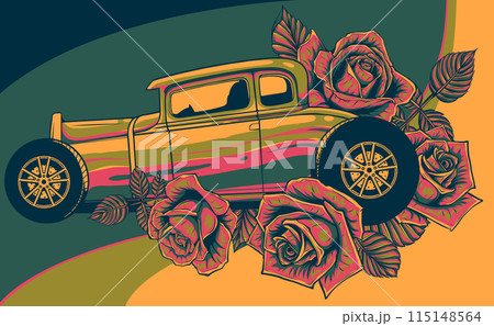 vector illustration of hot rod car with roses vector illustration of hot rod car with roses 115148564
