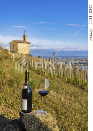 Grand cru vineyard and Chapel of Saint Christopher, Tain l'Hermitage, Rhone-Alpes, France Grand cru vineyard and Chapel of Saint Christopher, Tain l'Hermitage, Rhone-Alpes, France 115148596