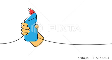 Hand with toilet cleaner one line colored continuous drawing. Cleaning service tools continuous one line illustration. Vector linear illustration. 115148604
