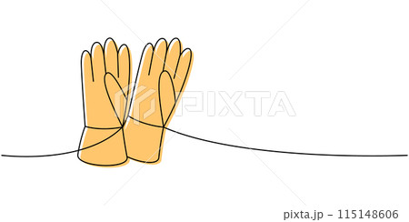 Cleaning gloves one line colored continuous drawing. Cleaning service tools continuous one line illustration. Vector linear illustration. 115148606