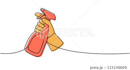 Hand with disinfectant spray one line colored continuous drawing. Cleaning service tools continuous one line illustration. Vector linear illustration. 115148609