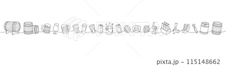 Brewery set one line continuous drawing. Barrels, cans, mugs, metal keg, bottle opener, sausages, tap, hop cone continuous one line illustration. 115148662