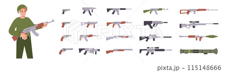 Weapons. Military weapons silhouettes. Tactical assault rifles, smoothbore guns, AK 47, sniper rifles, anti-tank grenade launchers. 115148666