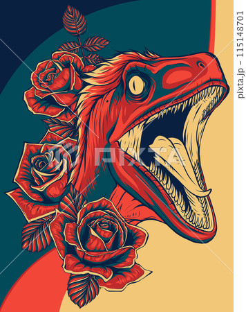 vector illustration of velociraptor head with roses flower 115148701