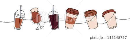 Takeaway coffee cups one line colored continuous drawing. Hand drawn elements for coffee shop. Vector linear illustration. Takeaway coffee cups one line colored continuous drawing. Hand drawn elements for coffee shop. Vector linear illustration. 115148727