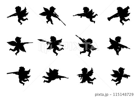 Angels with guns set. Cupids shooting a gun. Angel with a wings. Cherubs silhouette. Valentine's day. Love symbol. Angels with guns set. Cupids shooting a gun. Angel with a wings. Cherubs silhouette. Valentine's day. Love symbol. 115148729