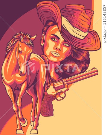 cowgirl woman wearing cowboy hat and with wild mustang horse head vector 115148857