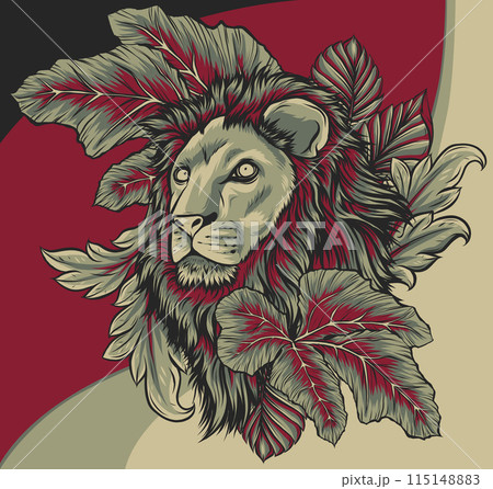 vector illustration of lion head surrounded by tropical plants leaves 115148883